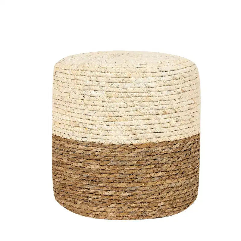Pouf rotondo intrecciato in foglie di tifa naturale con struttura in legno