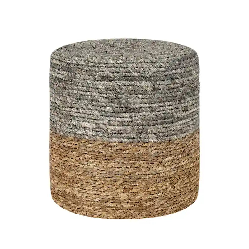 Pouf rotondo intrecciato in foglie di tifa naturale con struttura in legno
