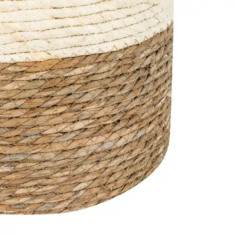Pouf rotondo intrecciato in foglie di tifa naturale con struttura in legno