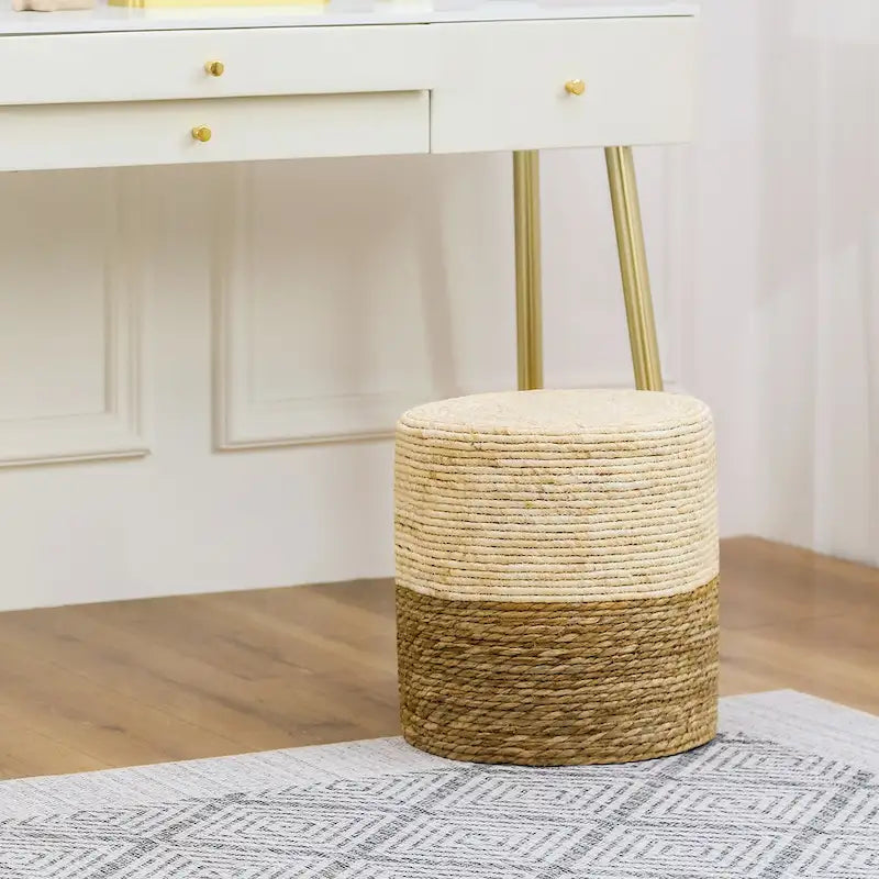 Pouf rotondo intrecciato in foglie di tifa naturale con struttura in legno