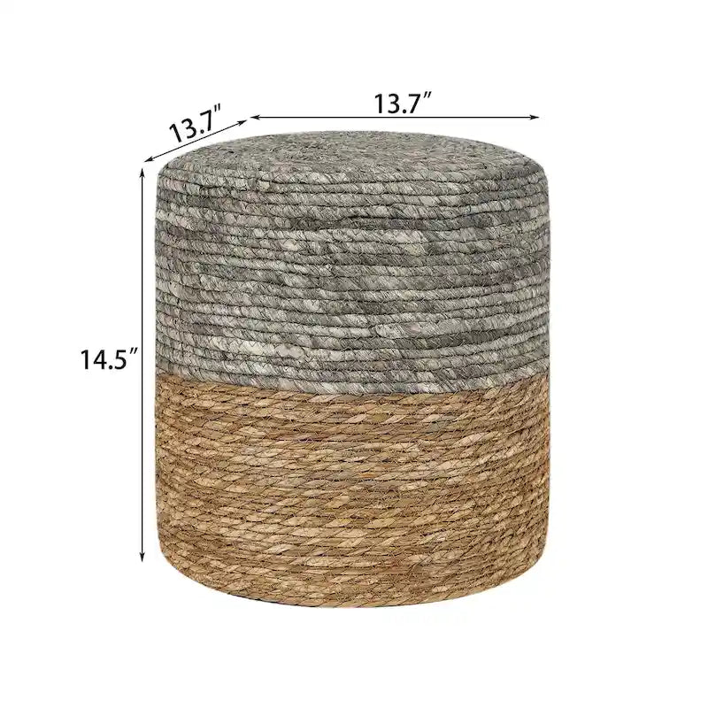 Pouf rotondo intrecciato in foglie di tifa naturale con struttura in legno