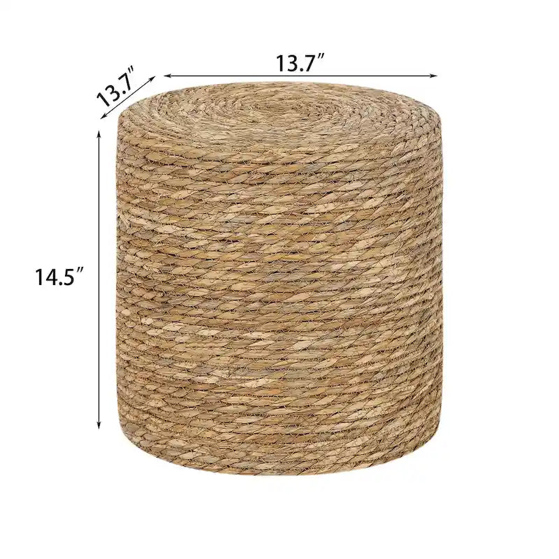 Pouf rotondo intrecciato in foglie di tifa naturale con struttura in legno