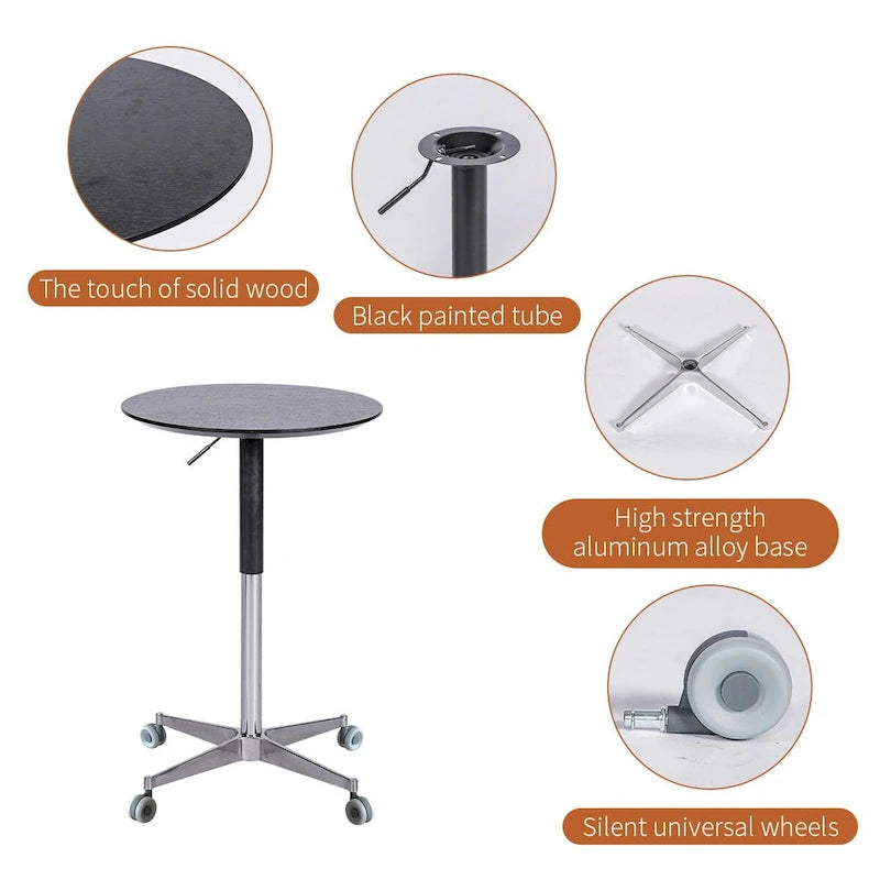 Mesa de bar ajustable y móvil, mesa de pub con giro de 360 grados, altura de barra y base de aluminio en forma de estrella, móvil para escritorio de pie o bistró