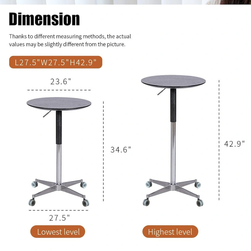 Mesa de bar ajustable y móvil, mesa de pub con giro de 360 grados, altura de barra y base de aluminio en forma de estrella, móvil para escritorio de pie o bistró