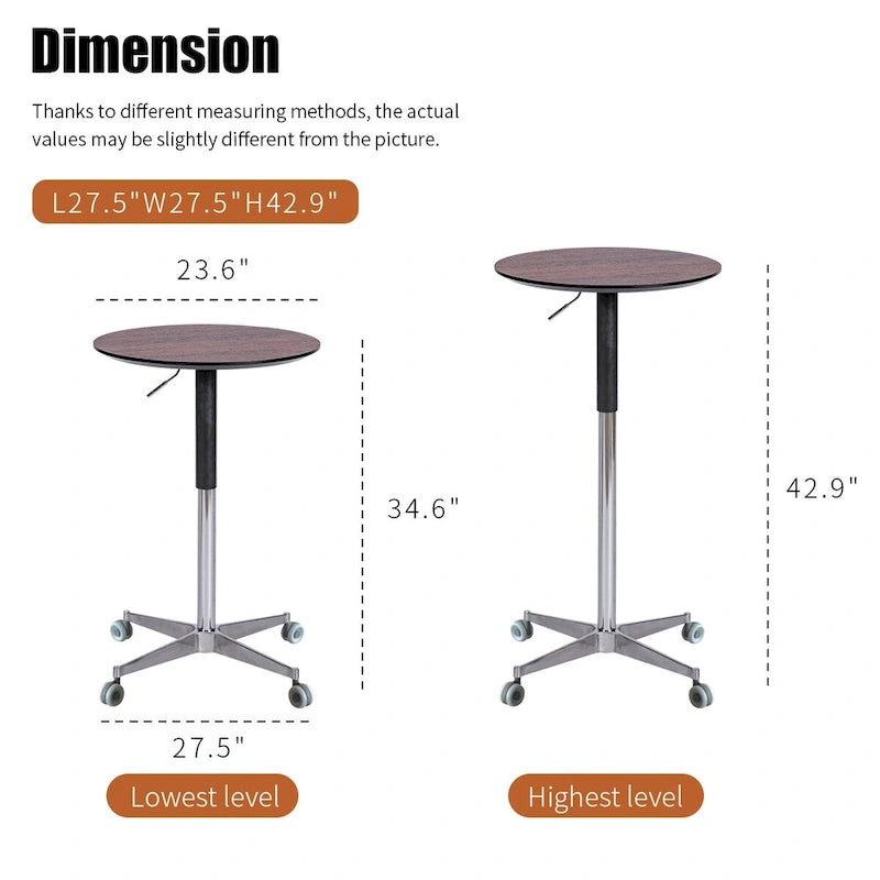 Mesa de bar ajustable y móvil, mesa de pub con giro de 360 grados, altura de barra y base de aluminio en forma de estrella, móvil para escritorio de pie o bistró