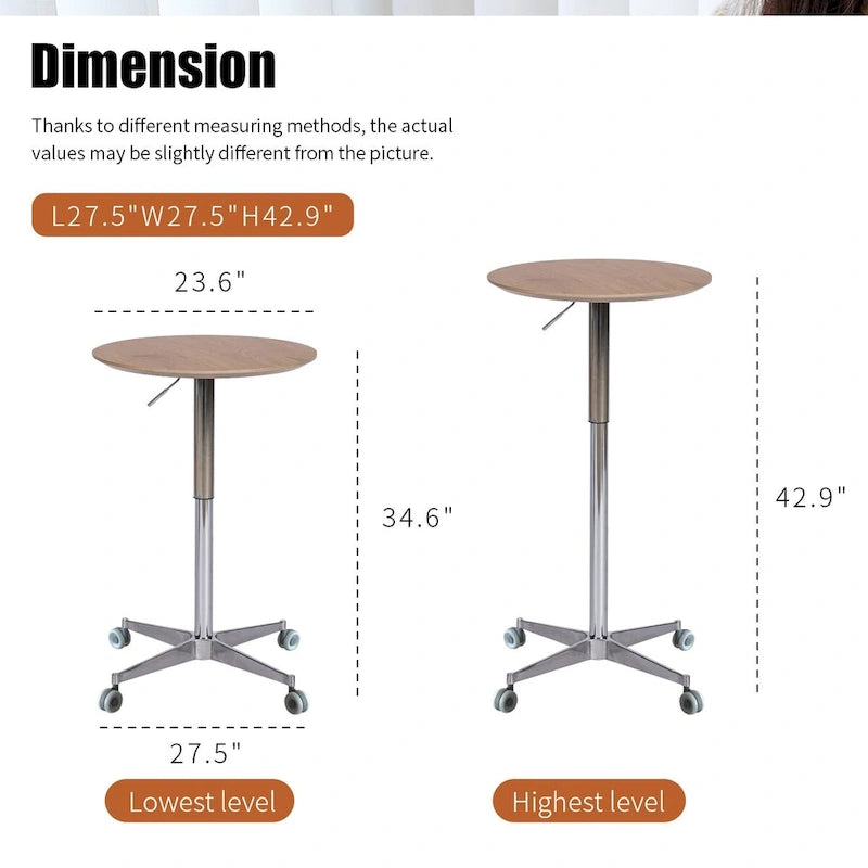 Mesa de bar ajustable y móvil, mesa de pub con giro de 360 grados, altura de barra y base de aluminio en forma de estrella, móvil para escritorio de pie o bistró
