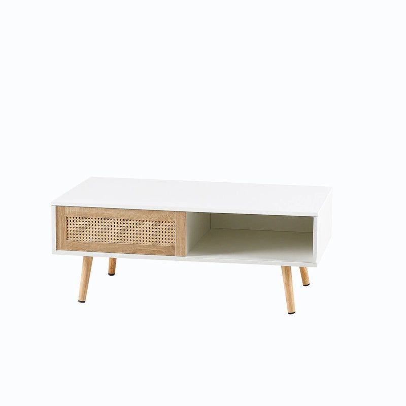 Mesa de centro rectangular con puerta corrediza de ratán y patas de madera