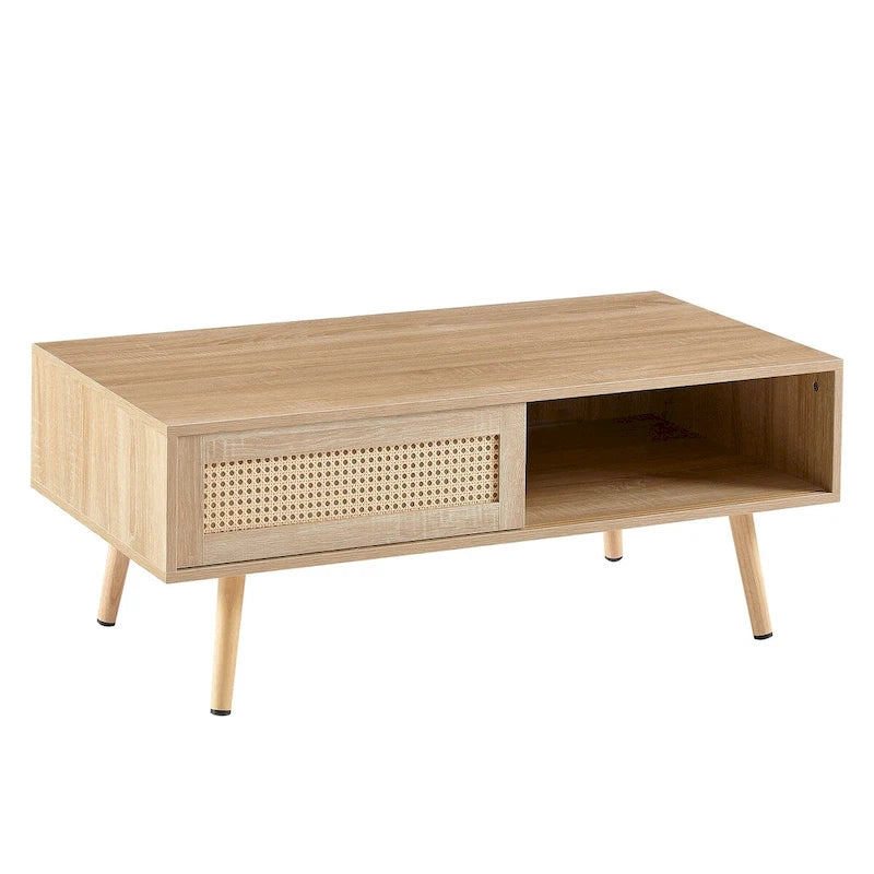 Mesa de centro rectangular con puerta corrediza de ratán y patas de madera
