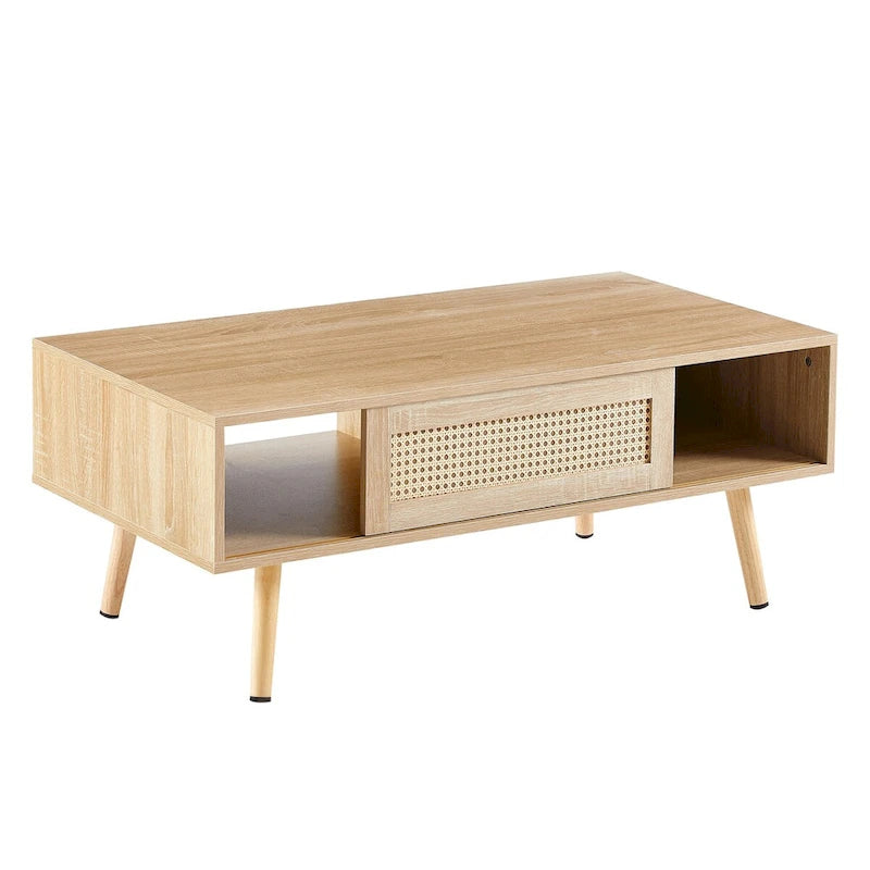 Mieres Modern Coffee Table, Rectangle Wooden Coffee Table with Rattan Woven Door Panel and Solid Wood Legs