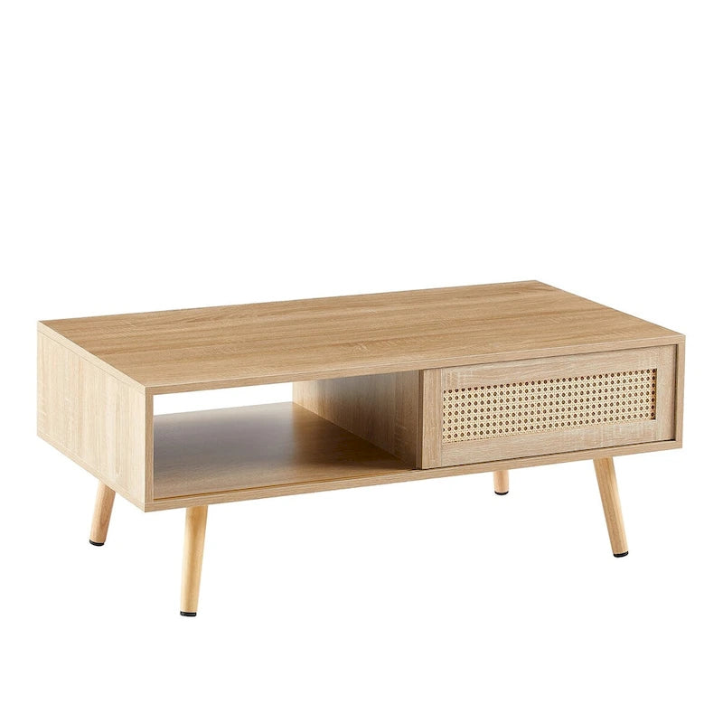 Mesa de centro rectangular con puerta corrediza de ratán y patas de madera
