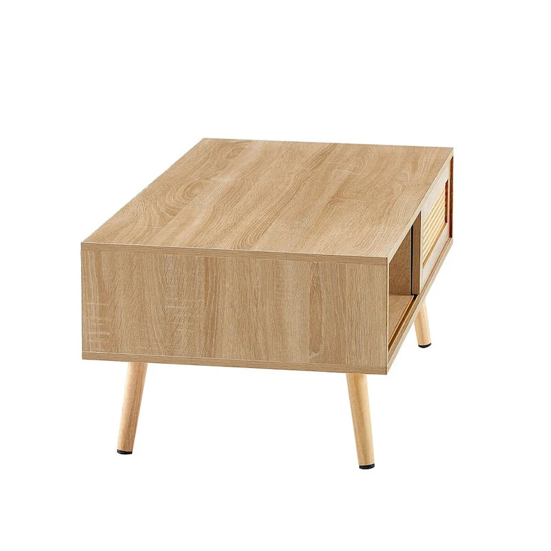 Mesa de centro rectangular con puerta corrediza de ratán y patas de madera