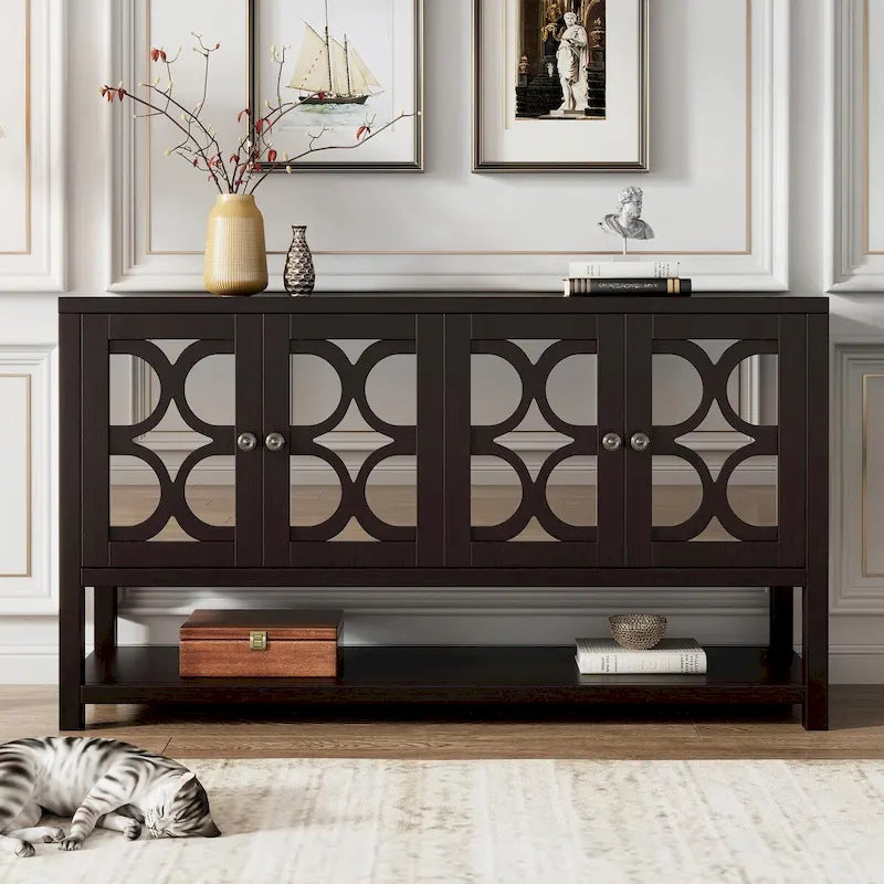 Elegante mesa consola retro con puertas espejadas, estantes espaciosos y resistentes patas de madera de acacia