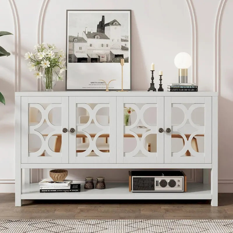 Elegante mesa consola retro con puertas espejadas, estantes espaciosos y resistentes patas de madera de acacia