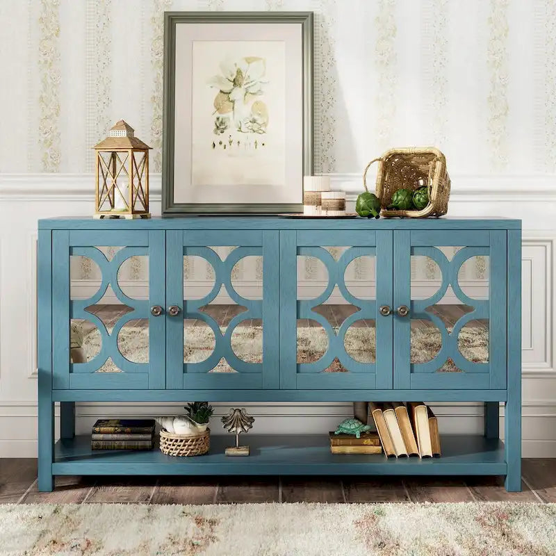 Elegante mesa consola retro con puertas espejadas, estantes espaciosos y resistentes patas de madera de acacia