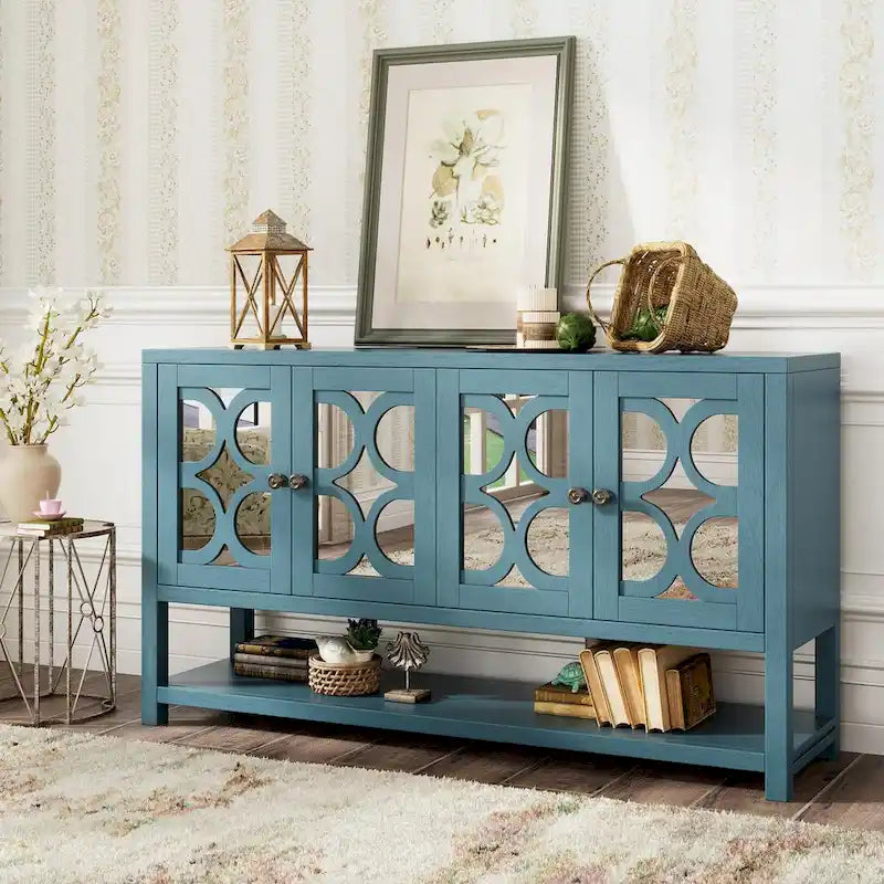 Elegante mesa consola retro con puertas espejadas, estantes espaciosos y resistentes patas de madera de acacia