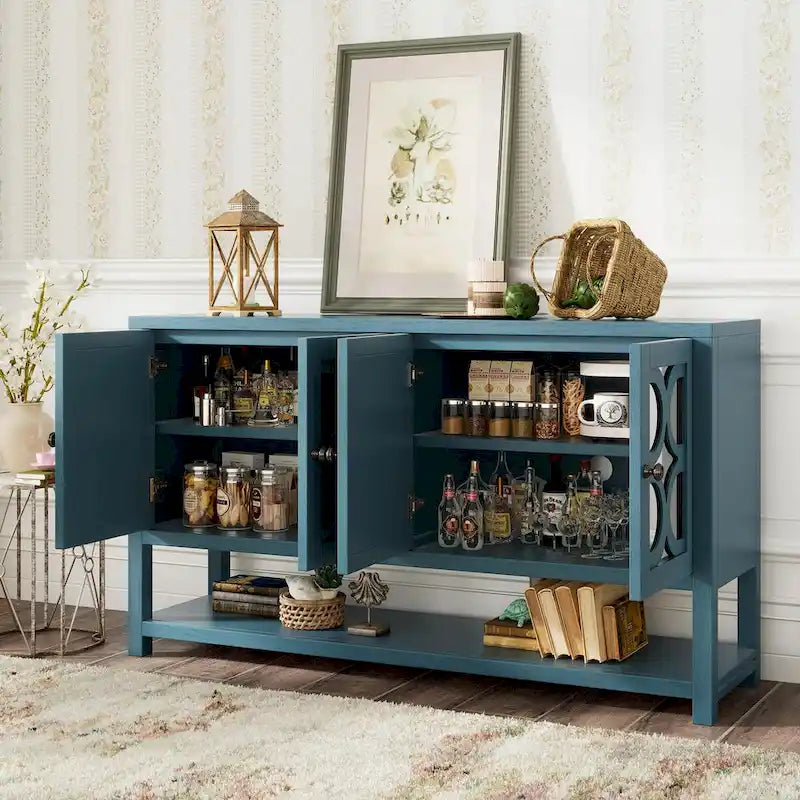 Elegante mesa consola retro con puertas espejadas, estantes espaciosos y resistentes patas de madera de acacia