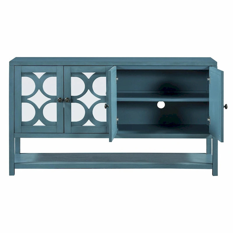 Elegante mesa consola retro con puertas espejadas, estantes espaciosos y resistentes patas de madera de acacia