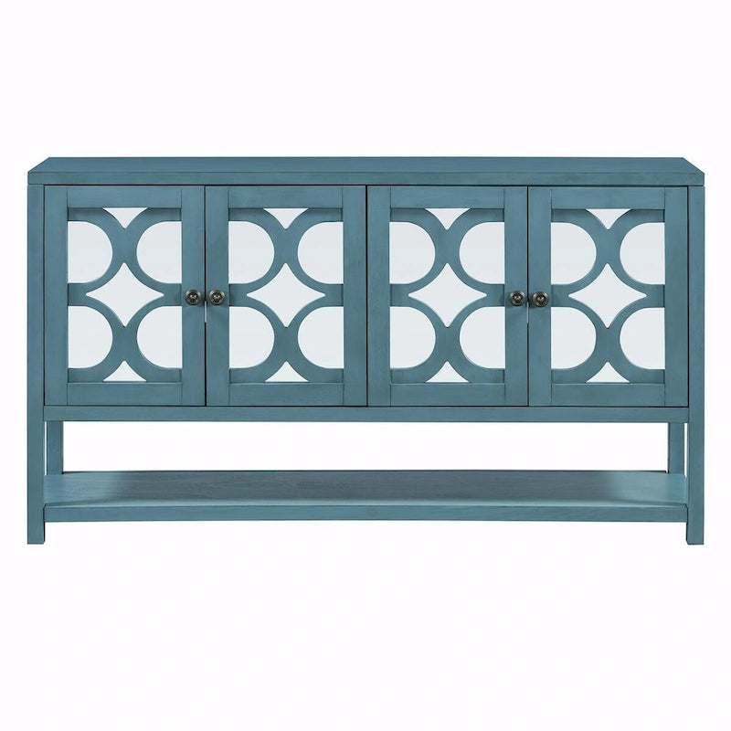 Elegante mesa consola retro con puertas espejadas, estantes espaciosos y resistentes patas de madera de acacia