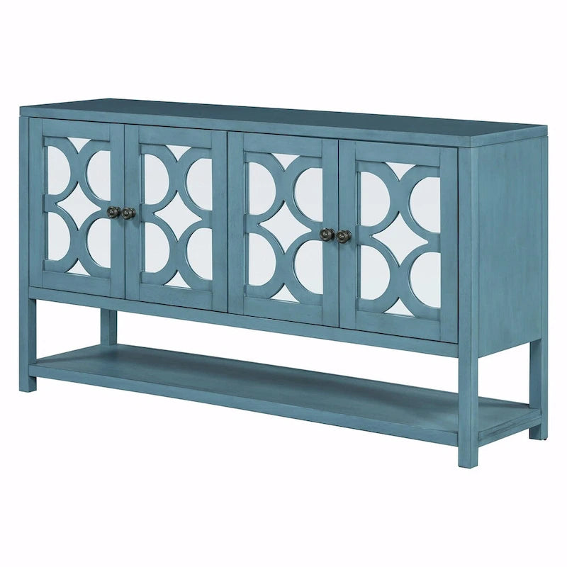 Elegante mesa consola retro con puertas espejadas, estantes espaciosos y resistentes patas de madera de acacia