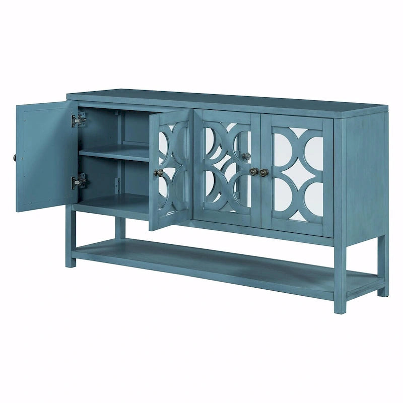 Elegante mesa consola retro con puertas espejadas, estantes espaciosos y resistentes patas de madera de acacia
