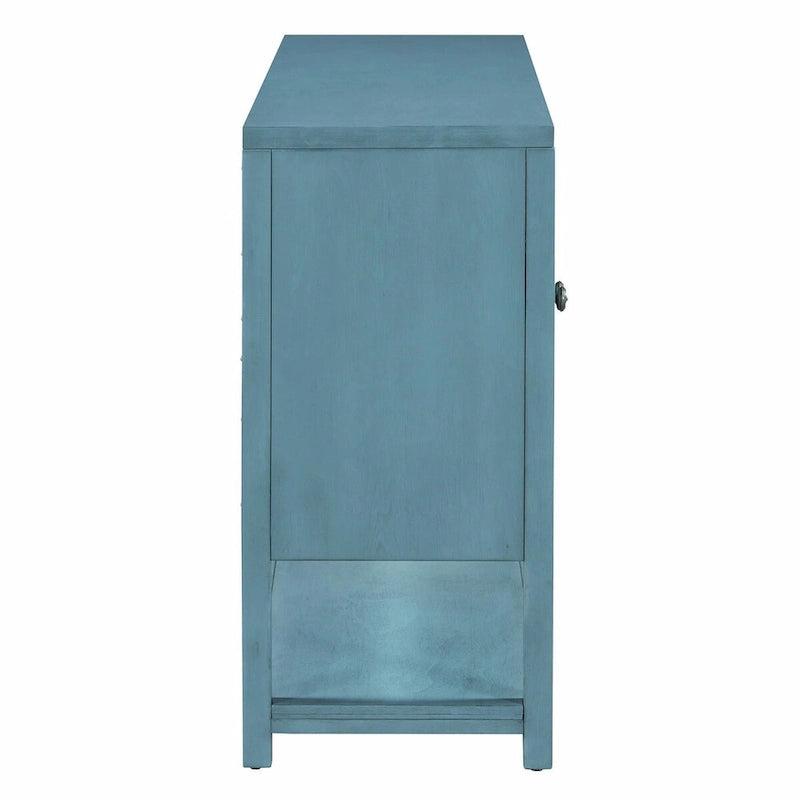 Elegante mesa consola retro con puertas espejadas, estantes espaciosos y resistentes patas de madera de acacia