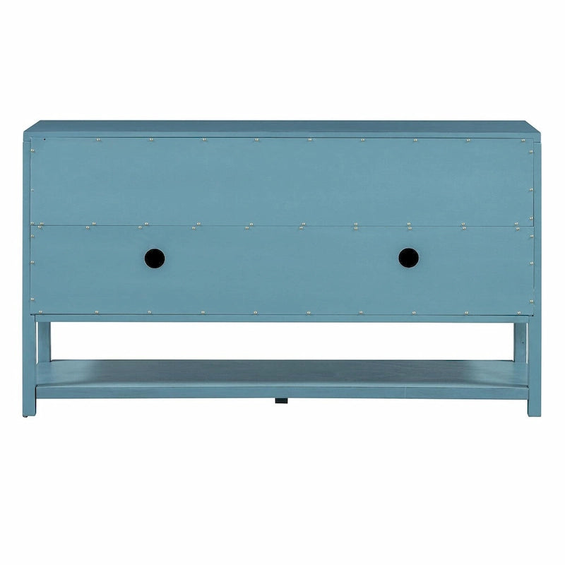 Elegante mesa consola retro con puertas espejadas, estantes espaciosos y resistentes patas de madera de acacia