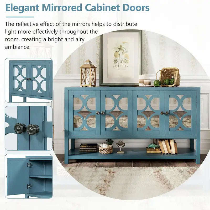 Elegante mesa consola retro con puertas espejadas, estantes espaciosos y resistentes patas de madera de acacia