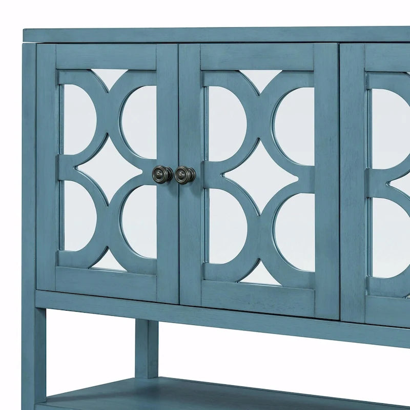 Elegante mesa consola retro con puertas espejadas, estantes espaciosos y resistentes patas de madera de acacia