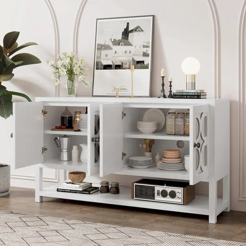 Elegante mesa consola retro con puertas espejadas, estantes espaciosos y resistentes patas de madera de acacia