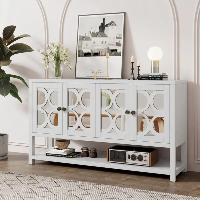 Elegante mesa consola retro con puertas espejadas, estantes espaciosos y resistentes patas de madera de acacia