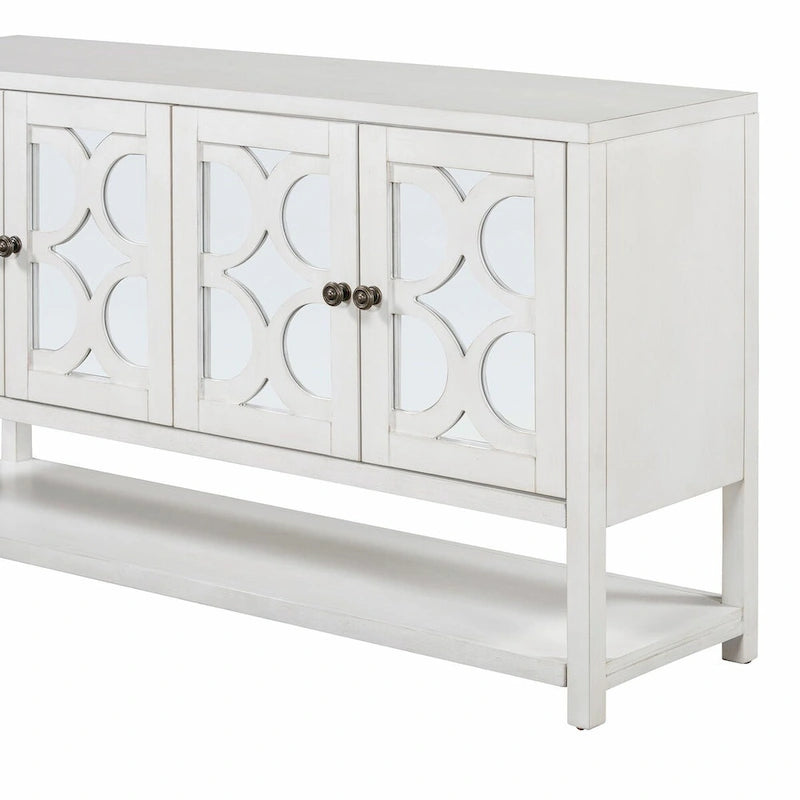 Elegante mesa consola retro con puertas espejadas, estantes espaciosos y resistentes patas de madera de acacia