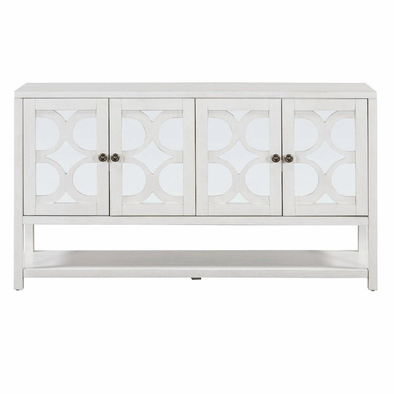 Elegante mesa consola retro con puertas espejadas, estantes espaciosos y resistentes patas de madera de acacia