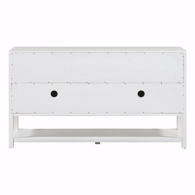 Elegante mesa consola retro con puertas espejadas, estantes espaciosos y resistentes patas de madera de acacia