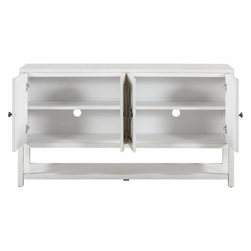 Elegante mesa consola retro con puertas espejadas, estantes espaciosos y resistentes patas de madera de acacia