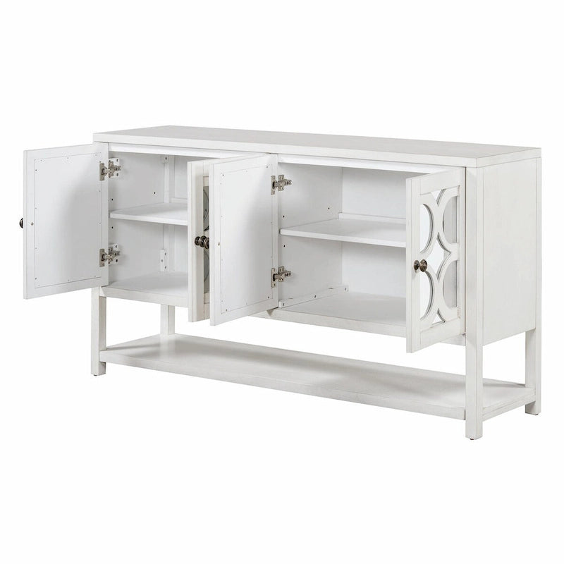 Elegante mesa consola retro con puertas espejadas, estantes espaciosos y resistentes patas de madera de acacia