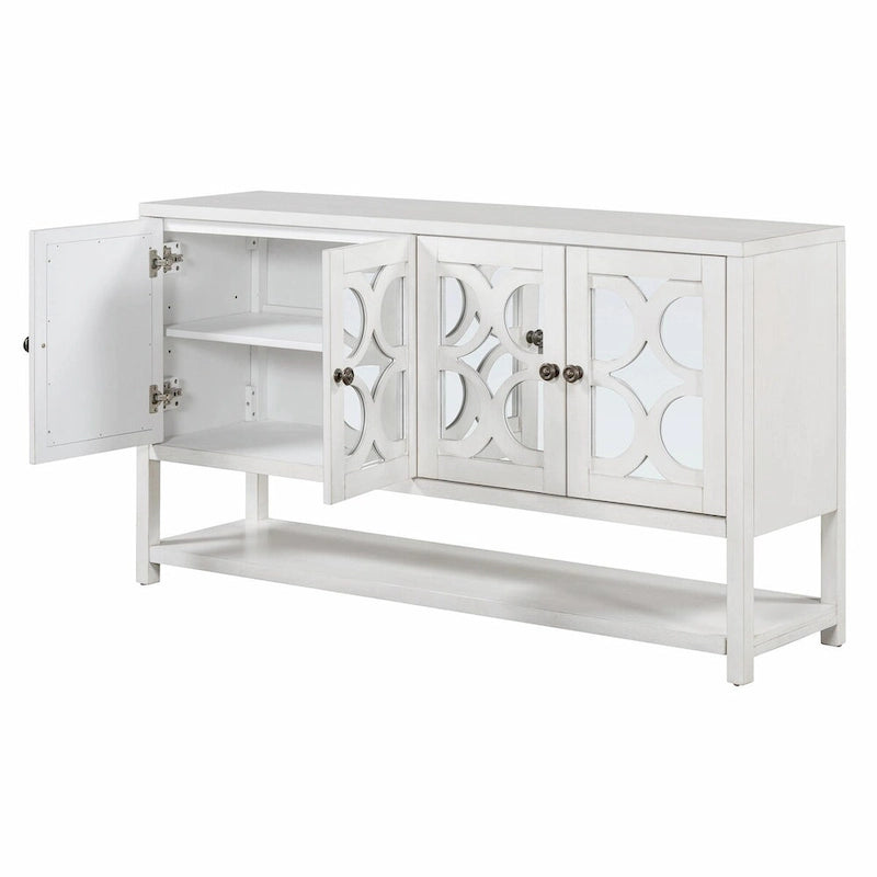 Elegante mesa consola retro con puertas espejadas, estantes espaciosos y resistentes patas de madera de acacia