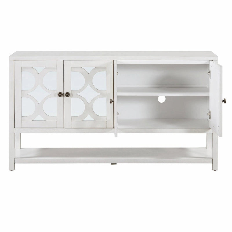 Elegante mesa consola retro con puertas espejadas, estantes espaciosos y resistentes patas de madera de acacia