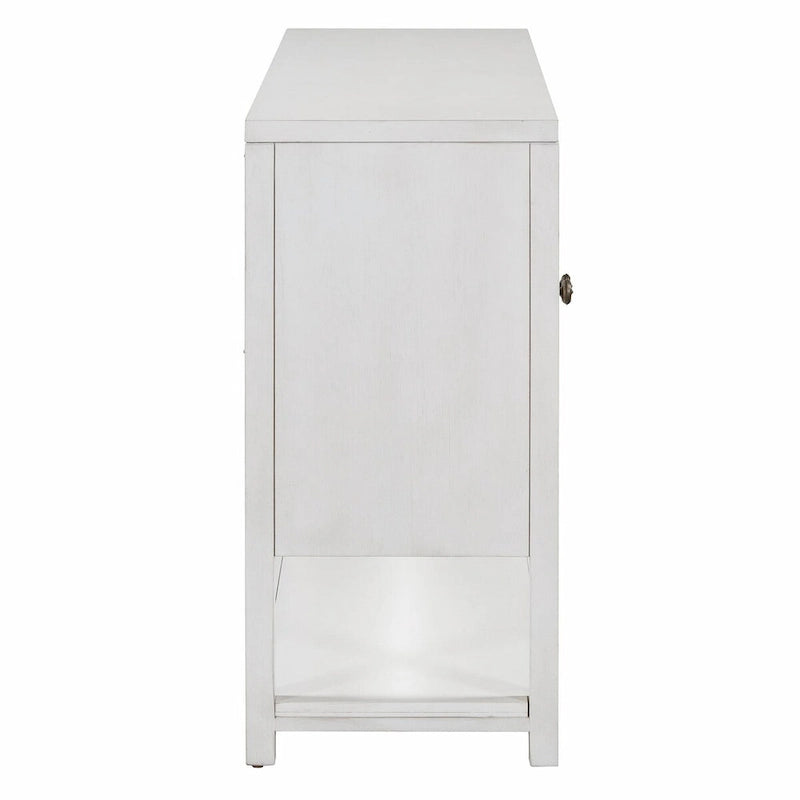 Elegante mesa consola retro con puertas espejadas, estantes espaciosos y resistentes patas de madera de acacia
