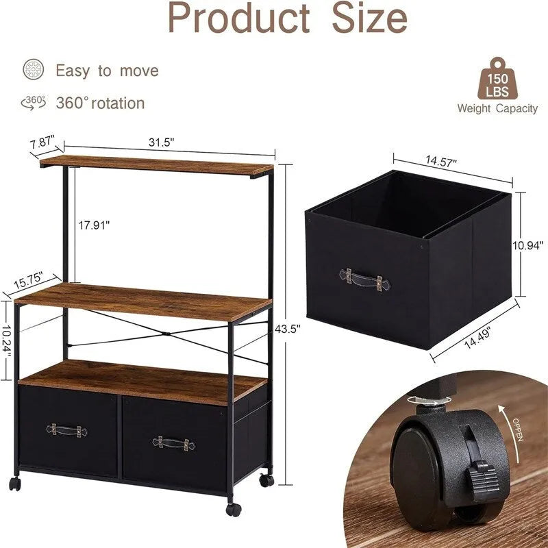 Archivador lateral móvil y soporte rodante para impresora con 3 estantes de almacenamiento abiertos - 15.75P x 31.5An x 43.5Al