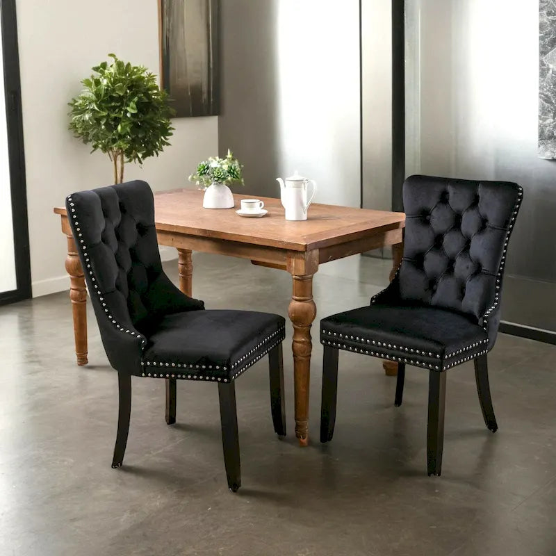 Silla de comedor moderna y lujosa, tapizada en terciopelo contemporáneo con capitoné, estructura y patas de madera maciza y remate de tachuelas, juego de 2