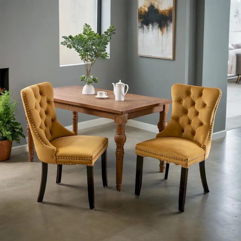 Silla de comedor moderna y lujosa, tapizada en terciopelo contemporáneo con capitoné, estructura y patas de madera maciza y remate de tachuelas, juego de 2
