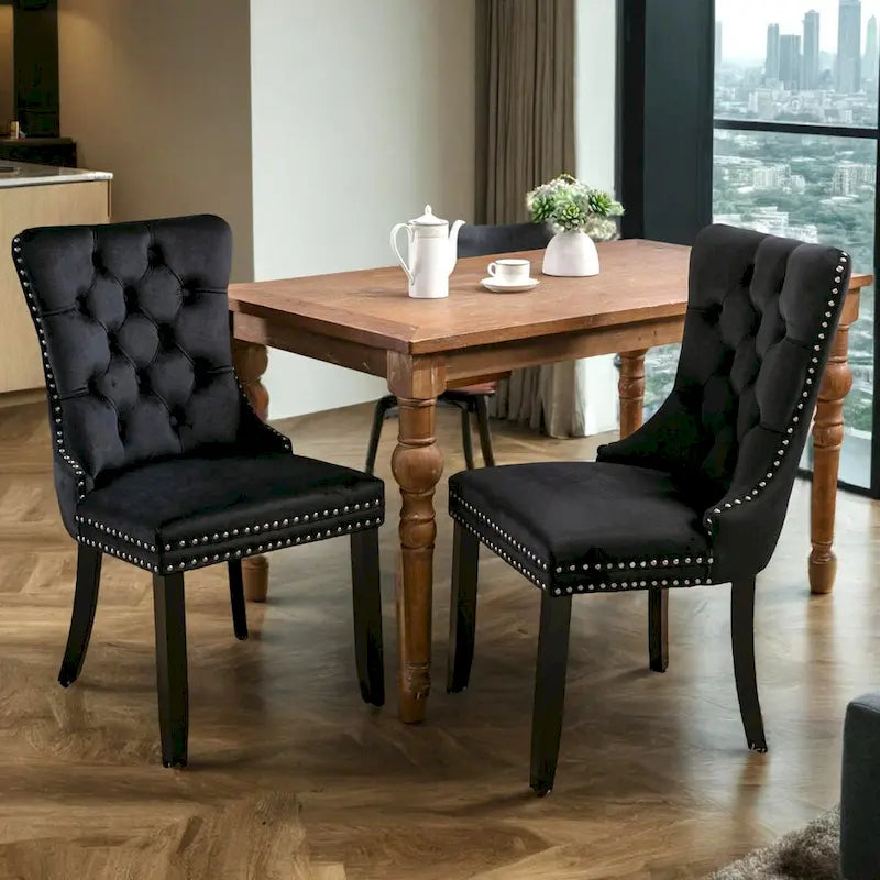 Silla de comedor moderna y lujosa, tapizada en terciopelo contemporáneo con capitoné, estructura y patas de madera maciza y remate de tachuelas, juego de 2