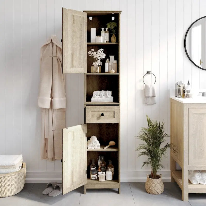 Freistehender Wäscheschrank im Landhausstil mit Regalen, Schublade und Türen